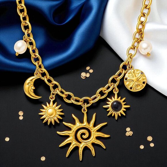 Boho Celestial 18K Gold Plated Sun Moon Charm Necklace 316L Stainless Steel - Picture 5 of 9